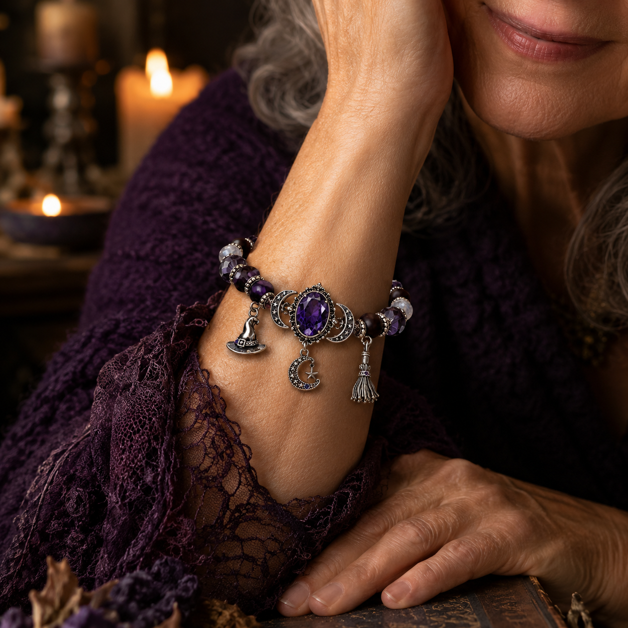 🔮 Witch’s Crystal Moon Charm Bracelet