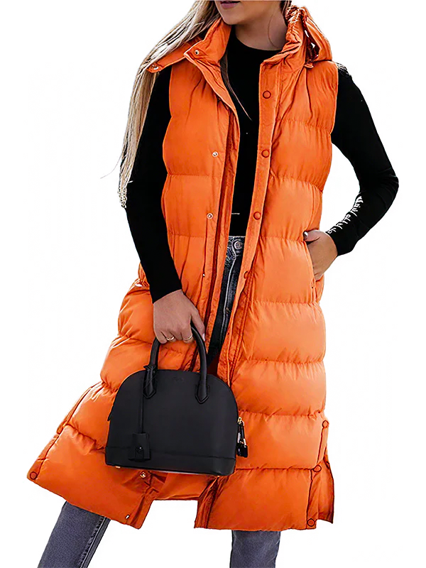 Women's Long Puffer Vest | Quilted Hood & Button Closure