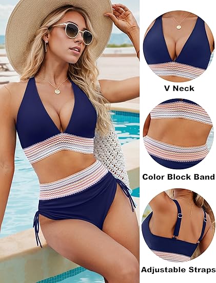 2025 High Waisted Tummy Control Color Block Bikini Sets