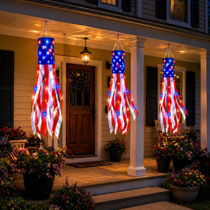 💈💈3 Pack 50 Inch Large American Flag Windsocks with Red White Blue Lights