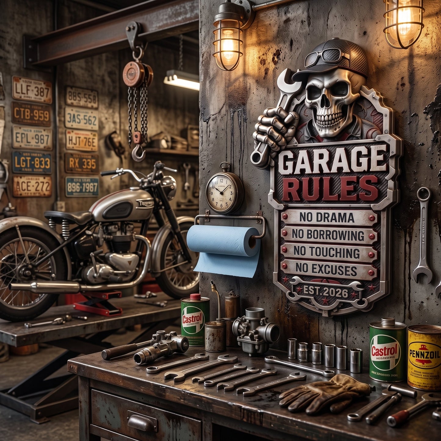 🔥Last Day 50% OFF💀Personalized Garage Rules Skull Mechanic Sign | Custom Name Vintage Garage Wall Decor