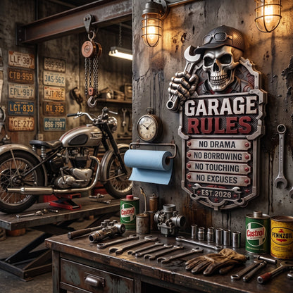 🔥Last Day 50% OFF💀Personalized Garage Rules Skull Mechanic Sign | Custom Name Vintage Garage Wall Decor