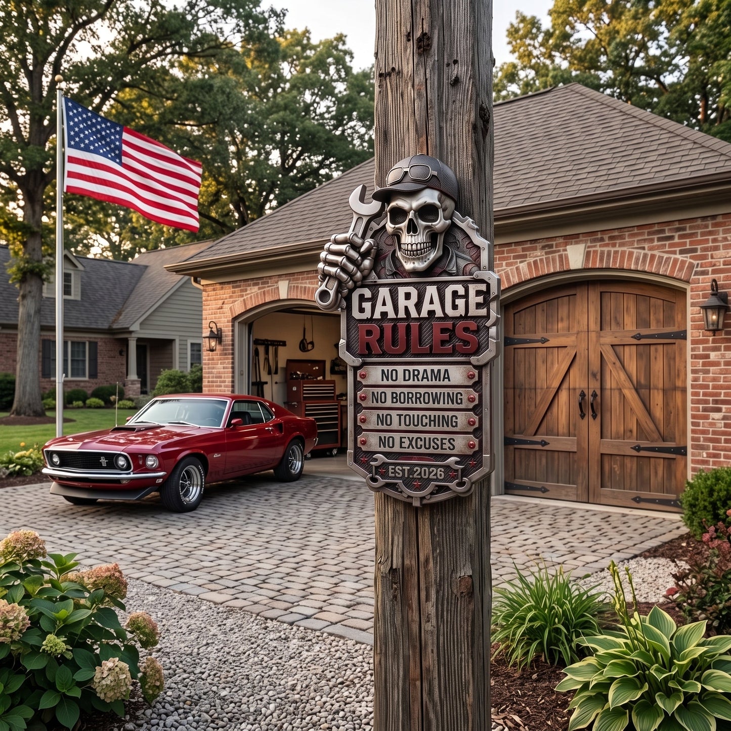 🔥Last Day 50% OFF💀Personalized Garage Rules Skull Mechanic Sign | Custom Name Vintage Garage Wall Decor