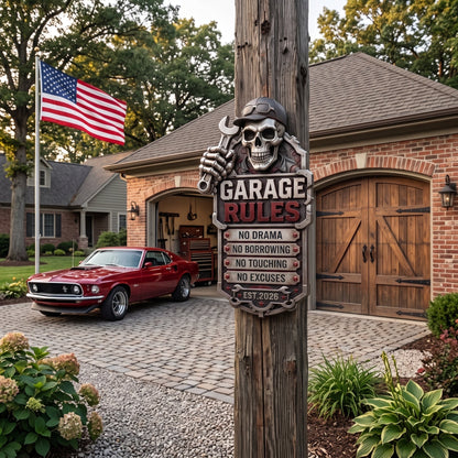 🔥Last Day 50% OFF💀Personalized Garage Rules Skull Mechanic Sign | Custom Name Vintage Garage Wall Decor