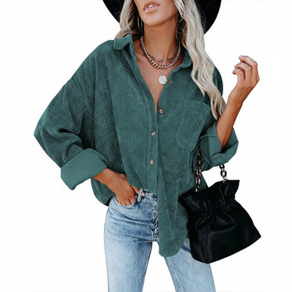 Women's Plain Pocket Button Front Corduroy Shirt