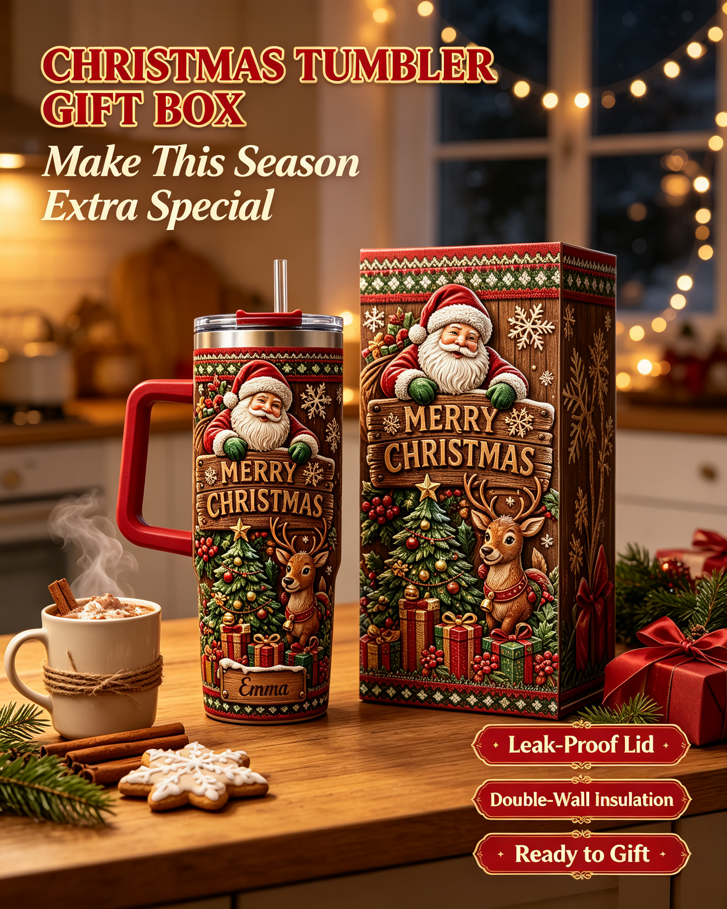 Personalized Merry Christmas Santa Reindeer 40oz Tumbler with Handle – Custom Name Holiday Gift 🎄🦌