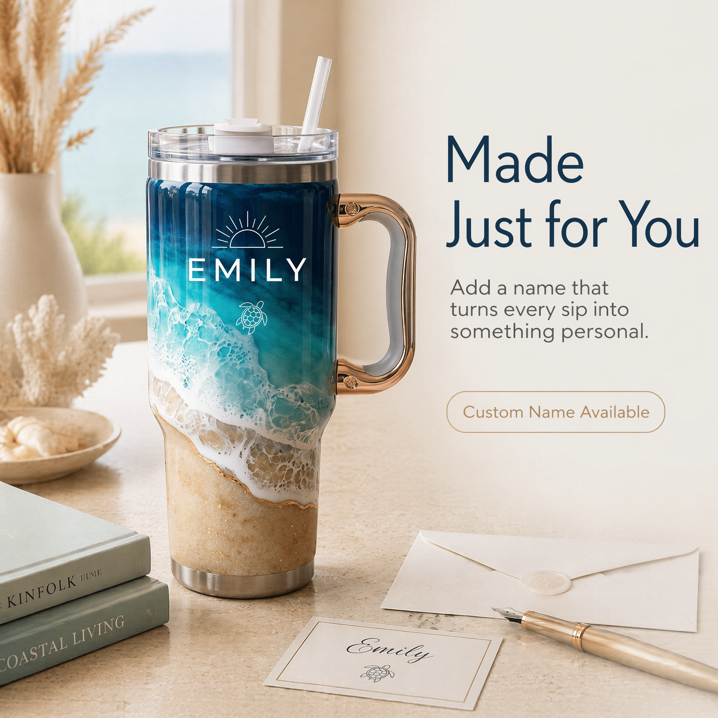Your Daily Sip of Sunshine & Sea Salt 🌊 | Personalized Coastal Oasis Tumbler with Rose Gold Handle (30oz/40 oz)