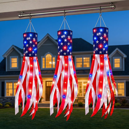 💈💈3 Pack 50 Inch Large American Flag Windsocks with Red White Blue Lights