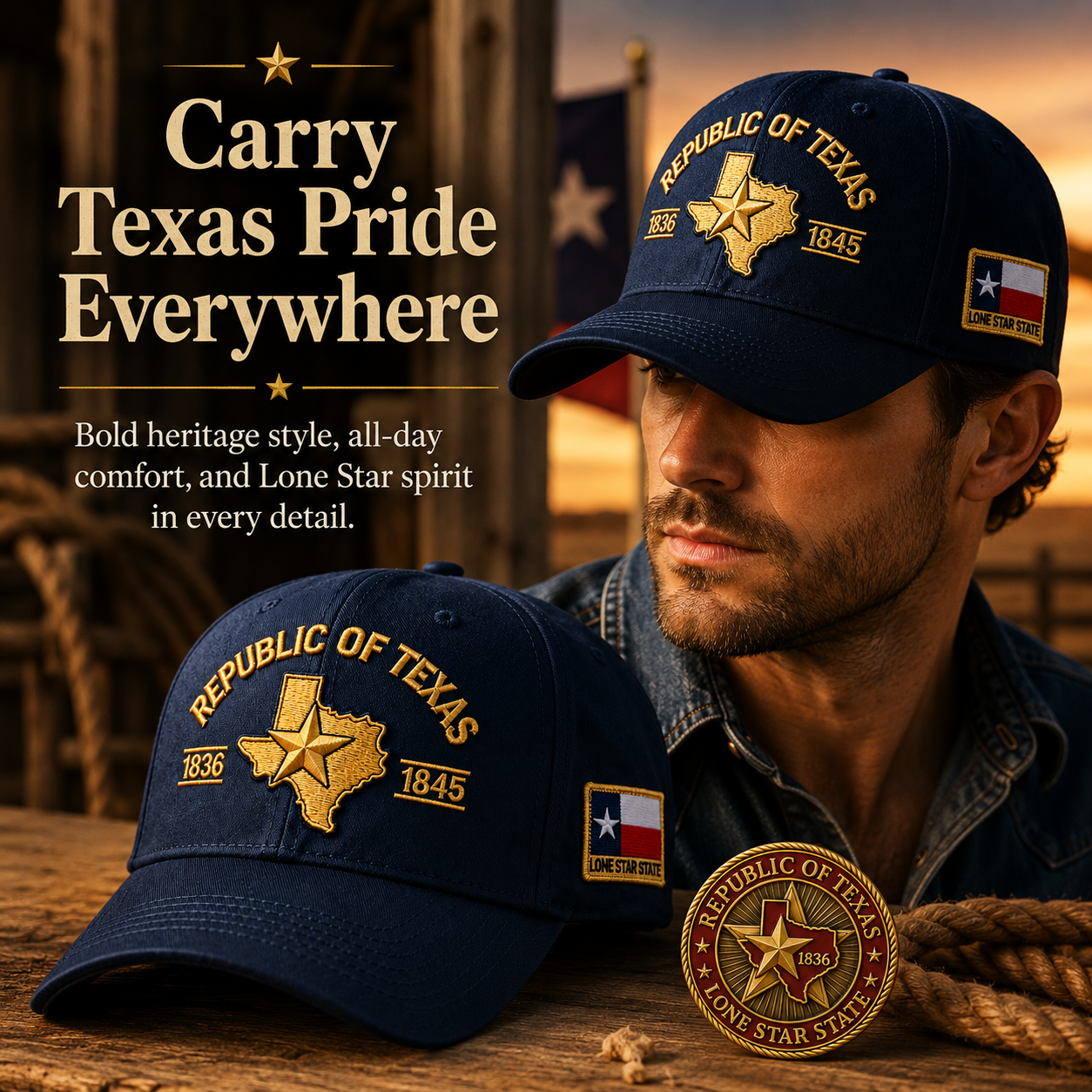 🔥Republic of Texas Cap  🎁 Free Honor Coin With Every Cap Purchase