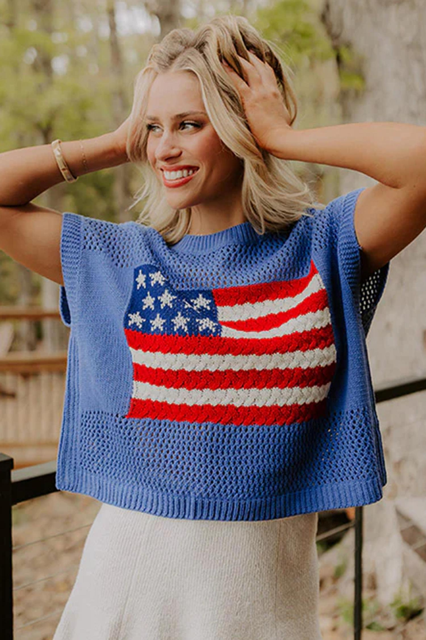 Women's American Flag Graphic Relaxed Fit Short Sleeve Knit Sweater Top