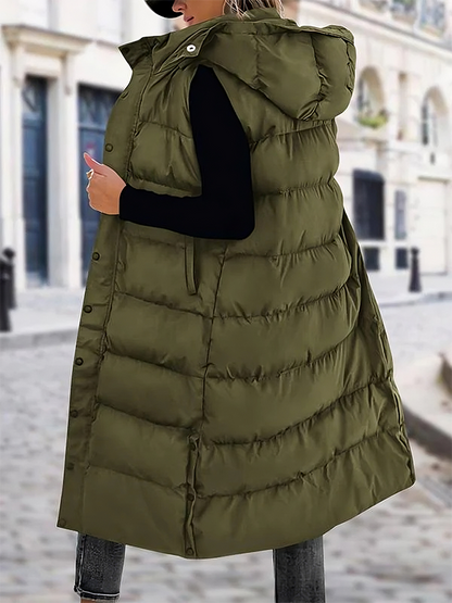 Women's Long Puffer Vest | Quilted Hood & Button Closure