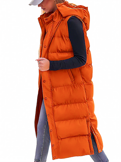 Women's Long Puffer Vest | Quilted Hood & Button Closure