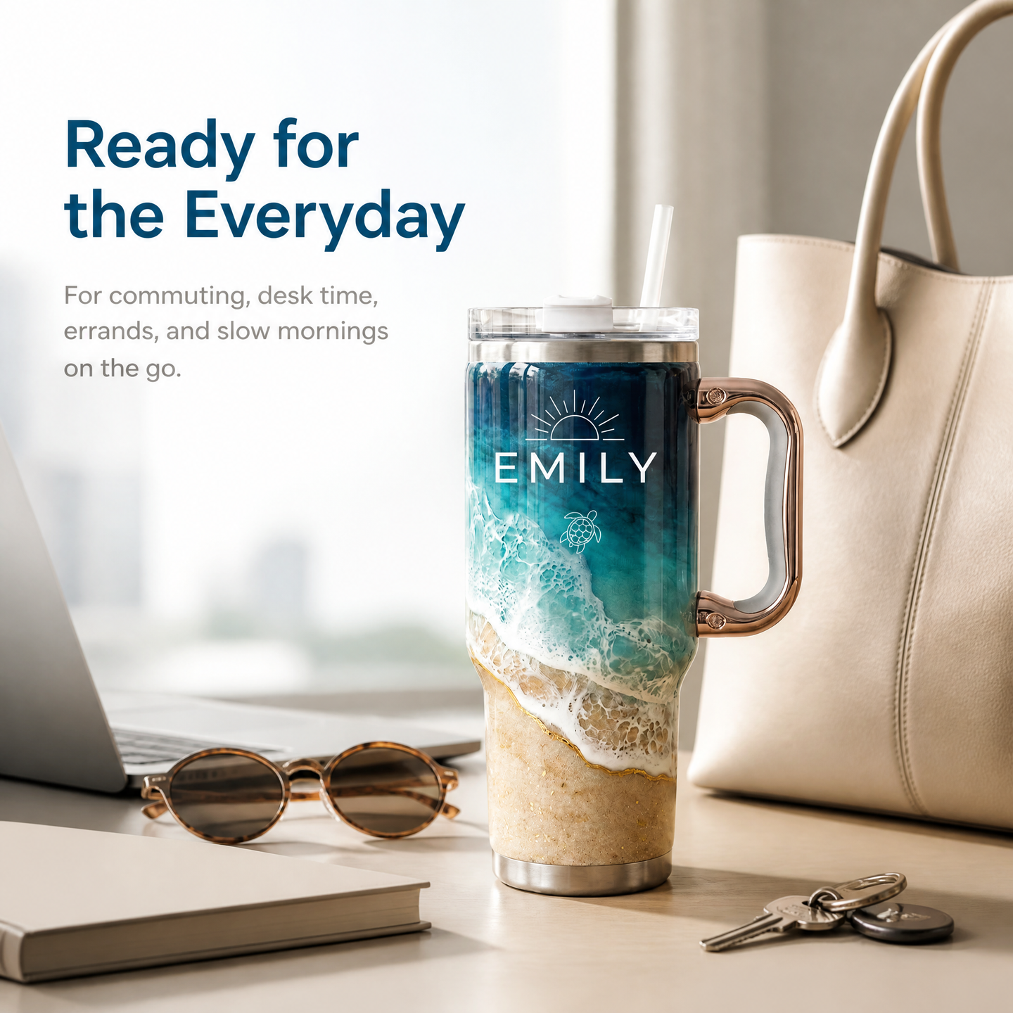 Your Daily Sip of Sunshine & Sea Salt 🌊 | Personalized Coastal Oasis Tumbler with Rose Gold Handle (30oz/40 oz)