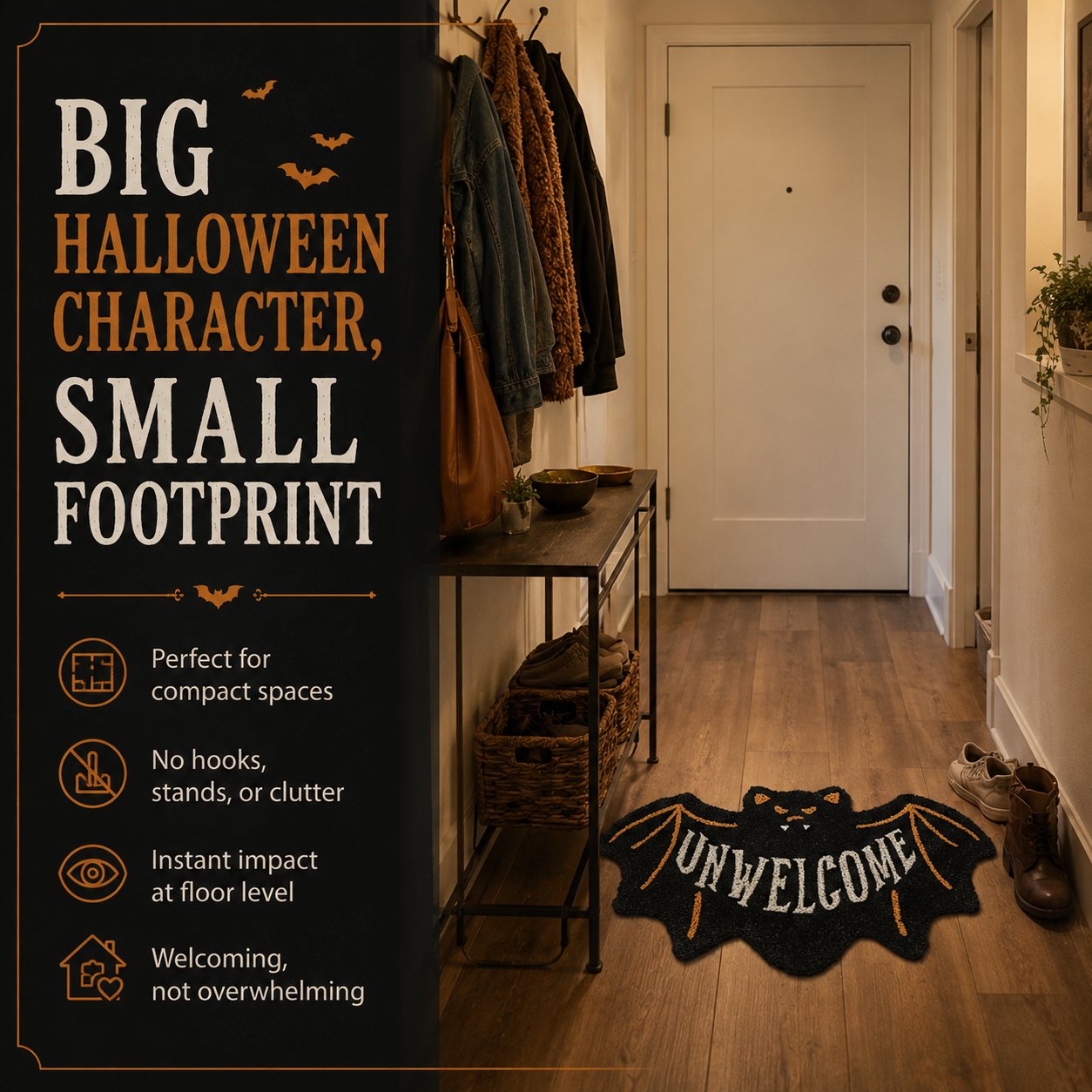🔥 LAST DAY 49% OFF –🎃 Halloween “UNWELCOME” Bat Entryway Mat | Thick Bat-Shaped Polyester Indoor Rug, Hand-Washable in 2 Sizes 🦇✨