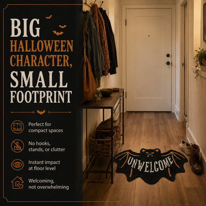 🔥 LAST DAY 49% OFF –🎃 Halloween “UNWELCOME” Bat Entryway Mat | Thick Bat-Shaped Polyester Indoor Rug, Hand-Washable in 2 Sizes 🦇✨