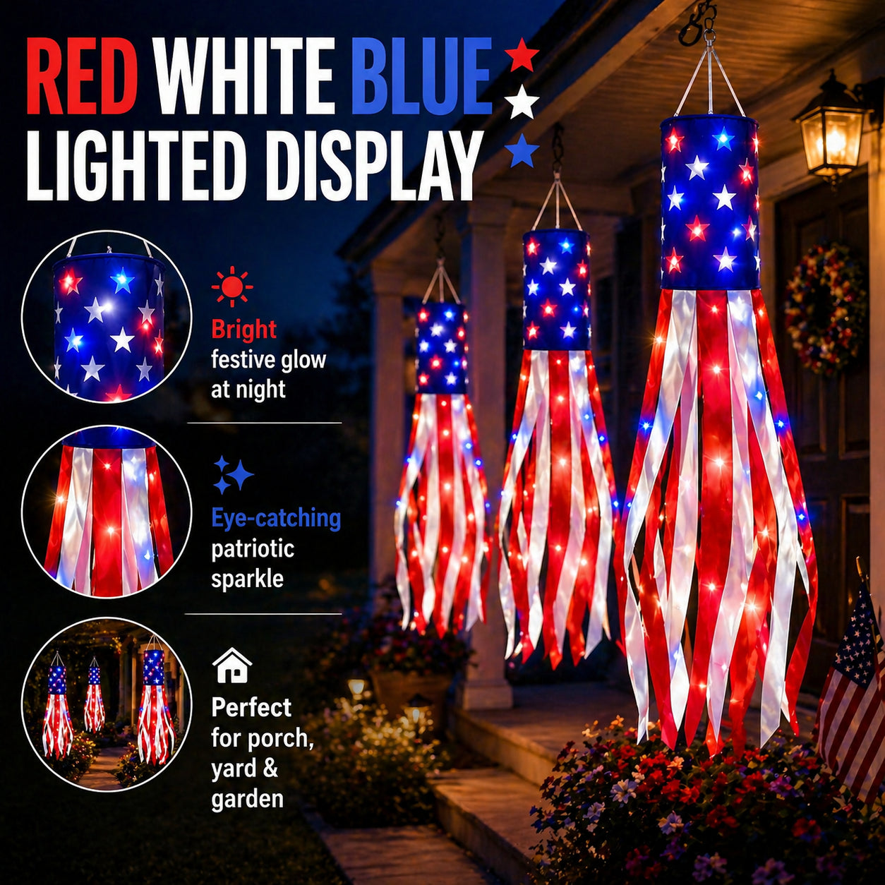 💈💈3 Pack 50 Inch Large American Flag Windsocks with Red White Blue Lights