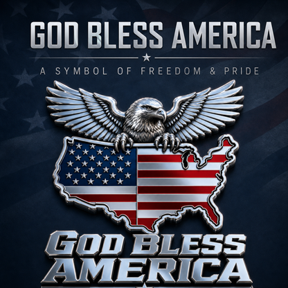 God Bless America Metal Emblem — Bald Eagle with U.S. Map Design