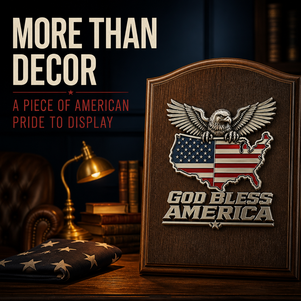 God Bless America Metal Emblem — Bald Eagle with U.S. Map Design