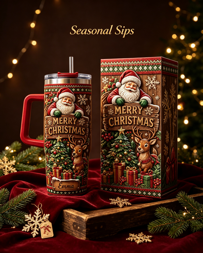 Personalized Merry Christmas Santa Reindeer 40oz Tumbler with Handle – Custom Name Holiday Gift 🎄🦌