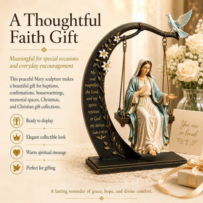 🔥LAST DAY 50% OFF - 🙏Blessed Mary Cradle Swing Sculpture – Luke 1:46 Faith Table Decor | Holy Virgin Prayer Rocking Decor with Dove & Crescent Arch🕊️