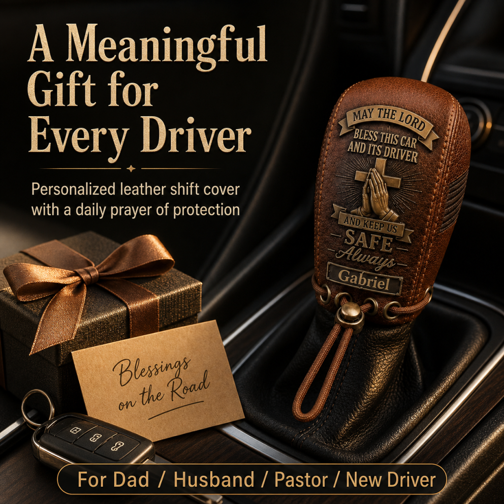 🙏 The "Traveler's Blessing" Custom Leather Gear Shift Cover | Faith Behind The Wheel ✨