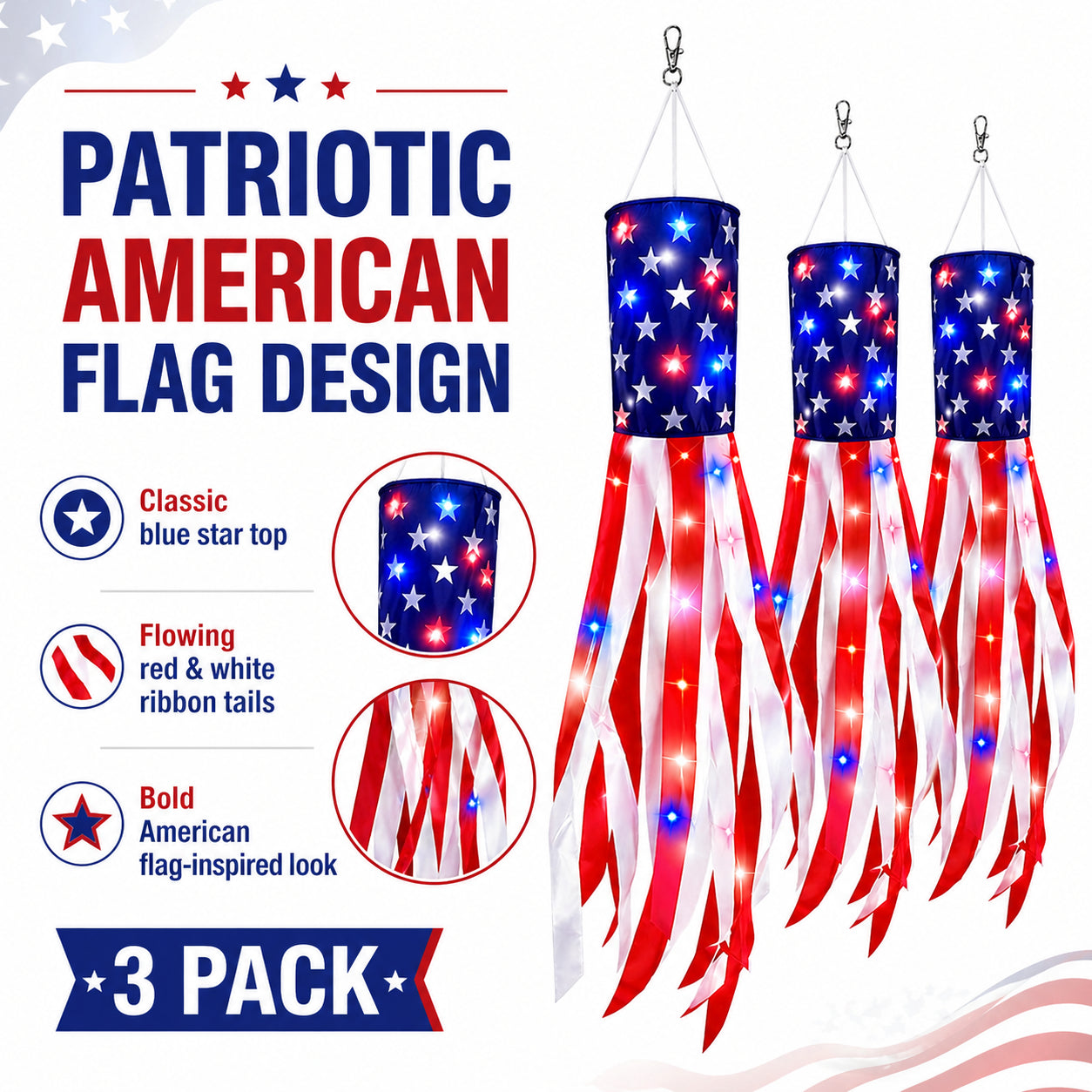 💈💈3 Pack 50 Inch Large American Flag Windsocks with Red White Blue Lights