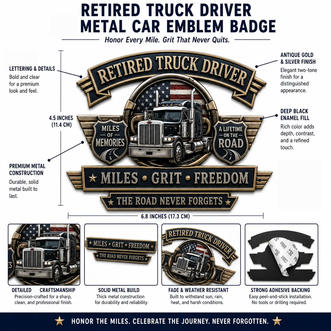Last Day Promo: 49% OFF –Retired Truck Driver Miles Grit Freedom Metal Car Emblem