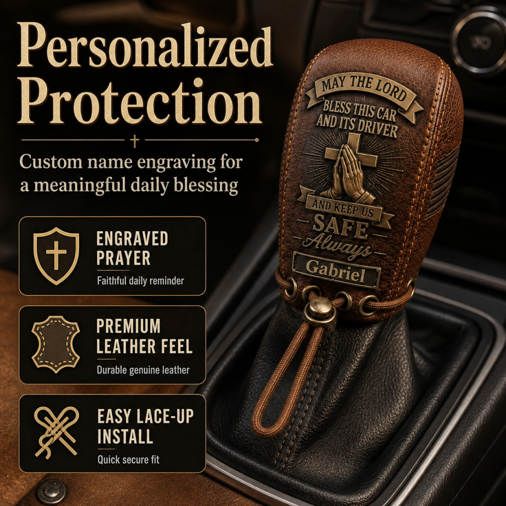 🙏 The "Traveler's Blessing" Custom Leather Gear Shift Cover | Faith Behind The Wheel ✨