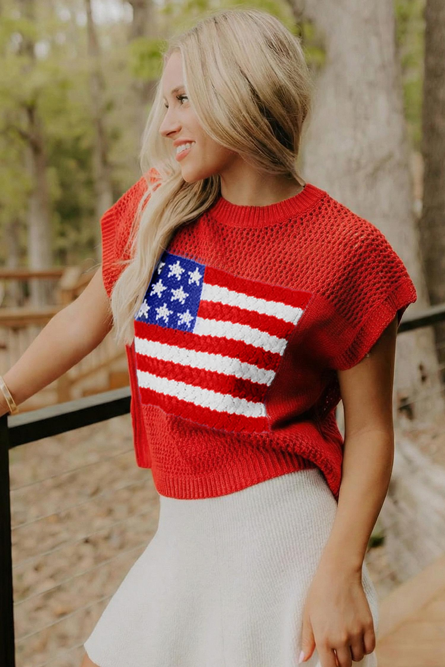 Women's American Flag Graphic Relaxed Fit Short Sleeve Knit Sweater Top
