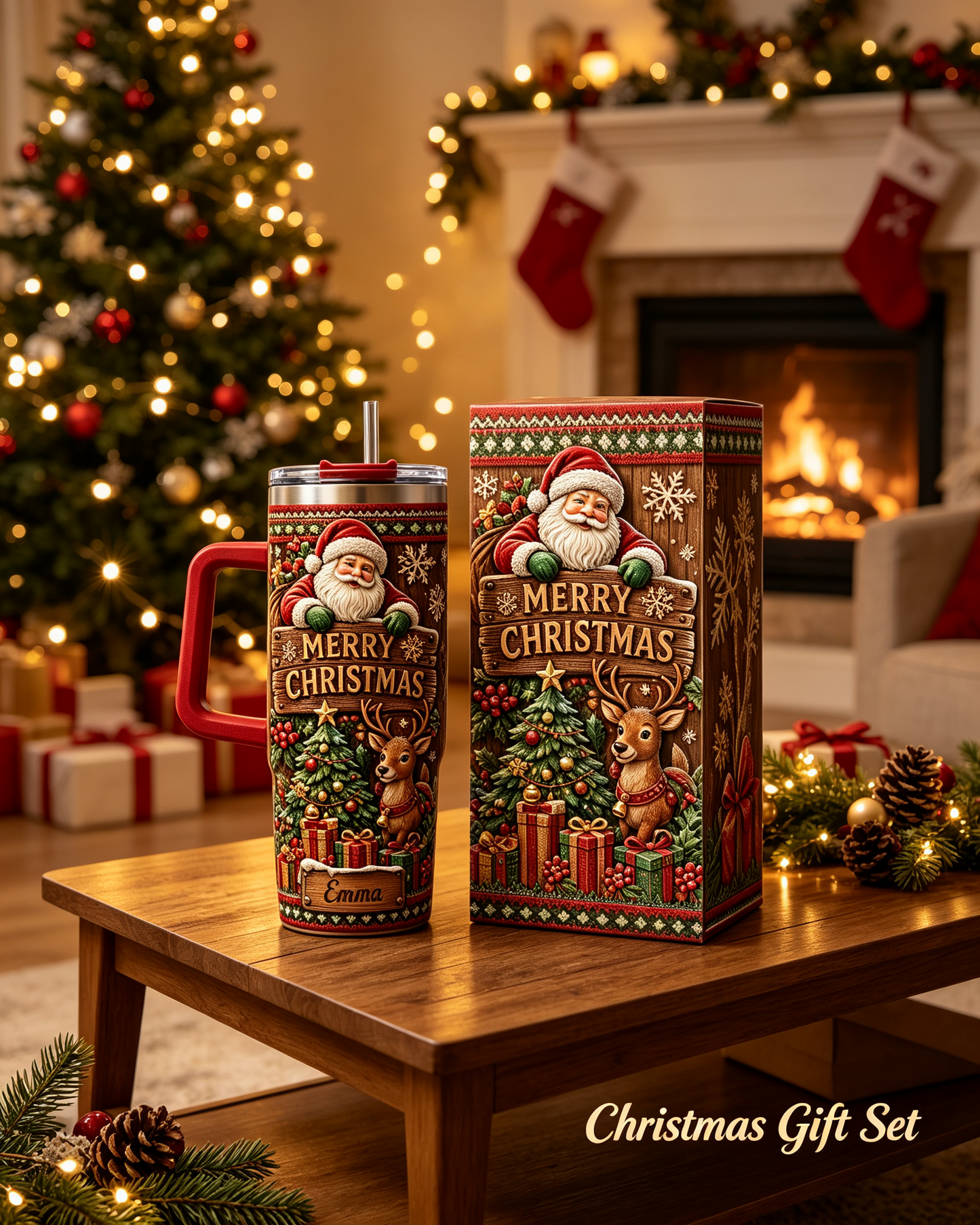 Personalized Merry Christmas Santa Reindeer 40oz Tumbler with Handle – Custom Name Holiday Gift 🎄🦌