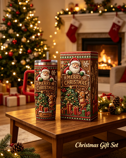 Personalized Merry Christmas Santa Reindeer 40oz Tumbler with Handle – Custom Name Holiday Gift 🎄🦌