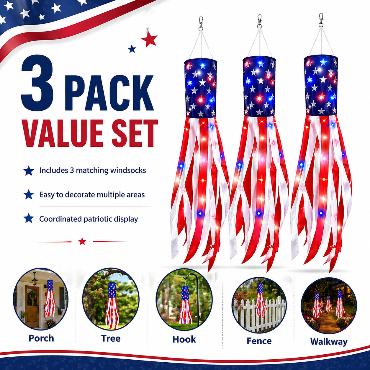 💈💈3 Pack 50 Inch Large American Flag Windsocks with Red White Blue Lights