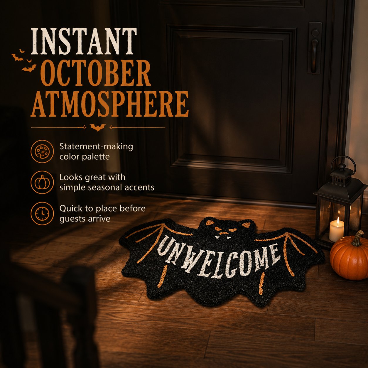 🔥 LAST DAY 49% OFF –🎃 Halloween “UNWELCOME” Bat Entryway Mat | Thick Bat-Shaped Polyester Indoor Rug, Hand-Washable in 2 Sizes 🦇✨