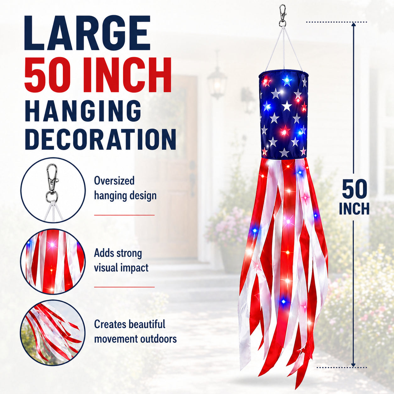 💈💈3 Pack 50 Inch Large American Flag Windsocks with Red White Blue Lights