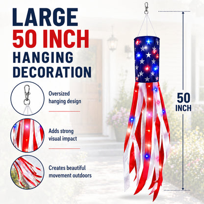 💈💈3 Pack 50 Inch Large American Flag Windsocks with Red White Blue Lights