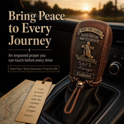 🙏 The "Traveler's Blessing" Custom Leather Gear Shift Cover | Faith Behind The Wheel ✨