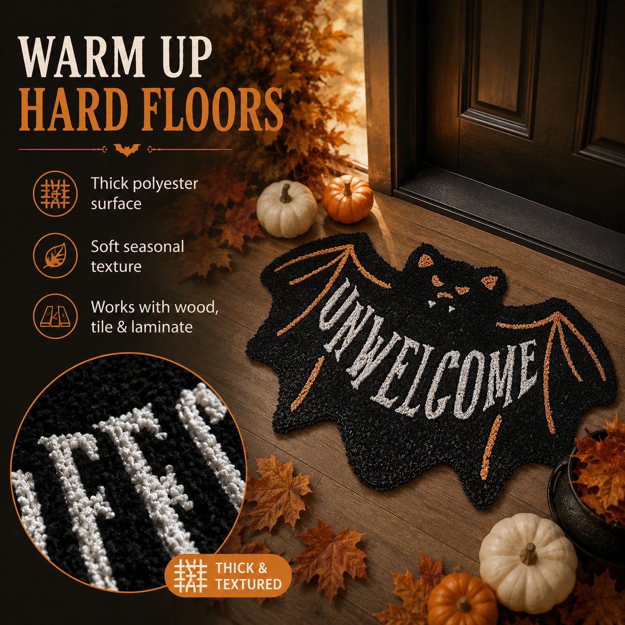 🔥 LAST DAY 49% OFF –🎃 Halloween “UNWELCOME” Bat Entryway Mat | Thick Bat-Shaped Polyester Indoor Rug, Hand-Washable in 2 Sizes 🦇✨