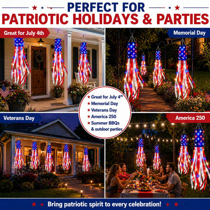 💈💈3 Pack 50 Inch Large American Flag Windsocks with Red White Blue Lights