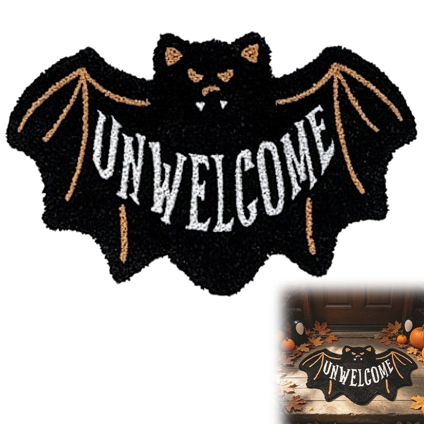 🔥 LAST DAY 49% OFF –🎃 Halloween “UNWELCOME” Bat Entryway Mat | Thick Bat-Shaped Polyester Indoor Rug, Hand-Washable in 2 Sizes 🦇✨