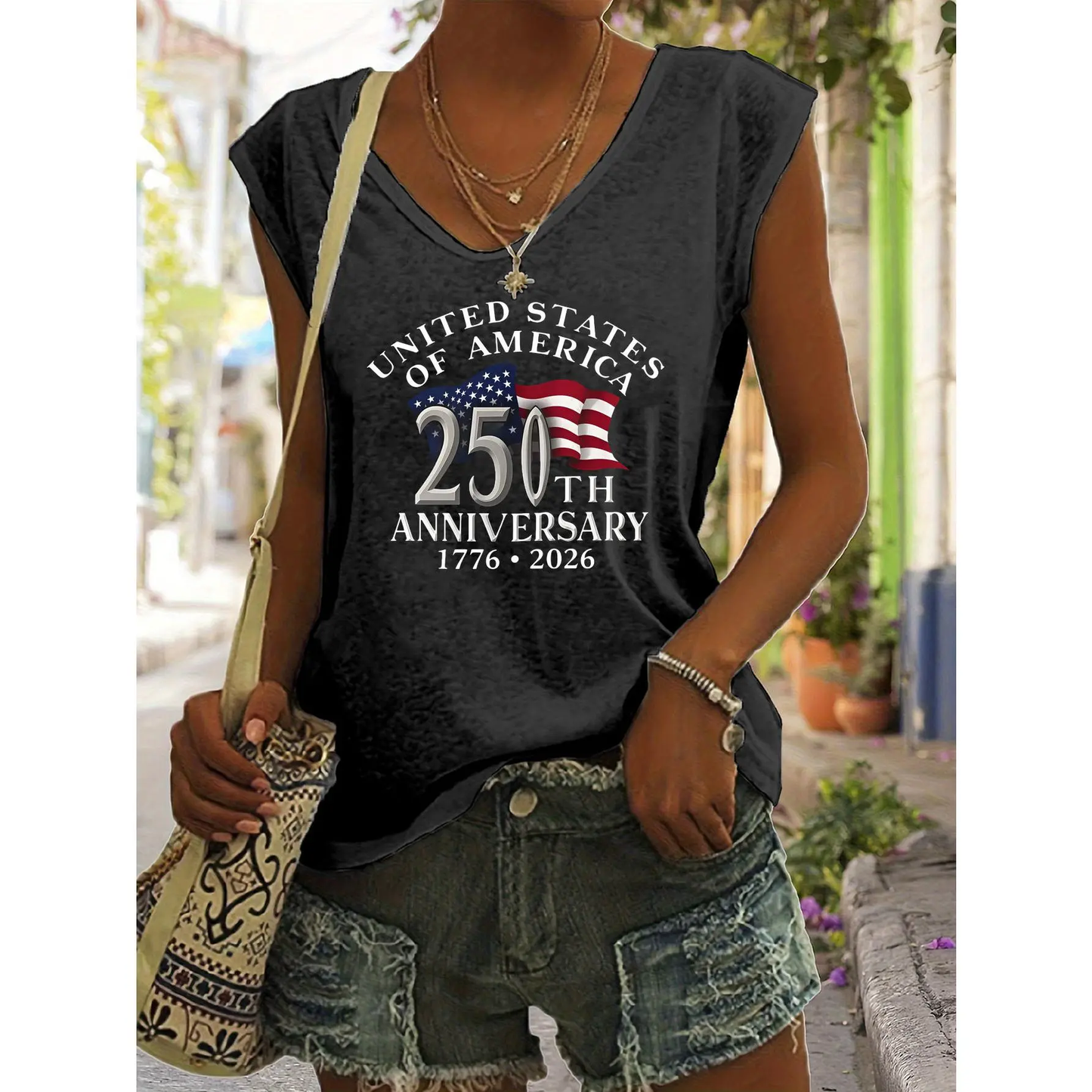 Casual Vneck Sleeveless White Tshirt with American Flag 250th Anniversary Print