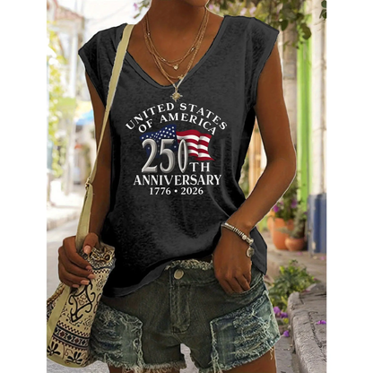Casual Vneck Sleeveless White Tshirt with American Flag 250th Anniversary Print