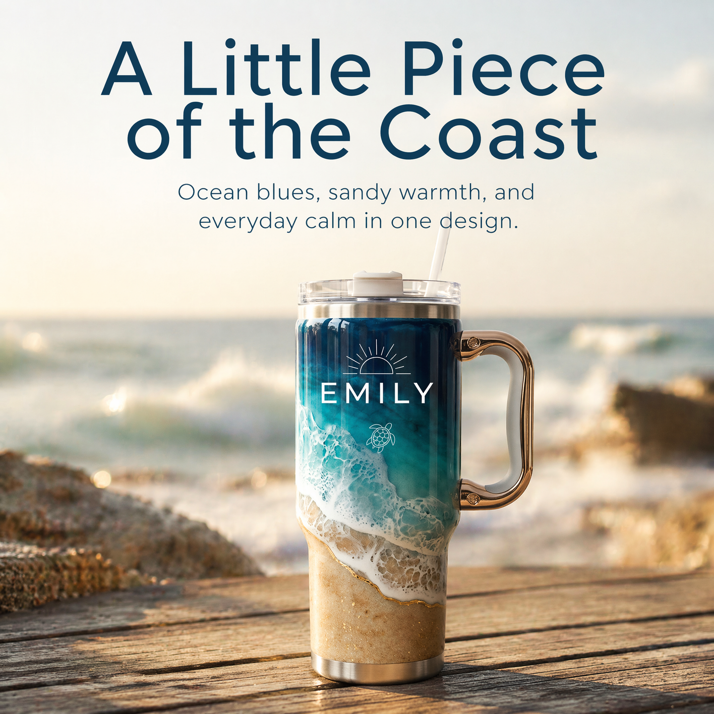 Your Daily Sip of Sunshine & Sea Salt 🌊 | Personalized Coastal Oasis Tumbler with Rose Gold Handle (30oz/40 oz)