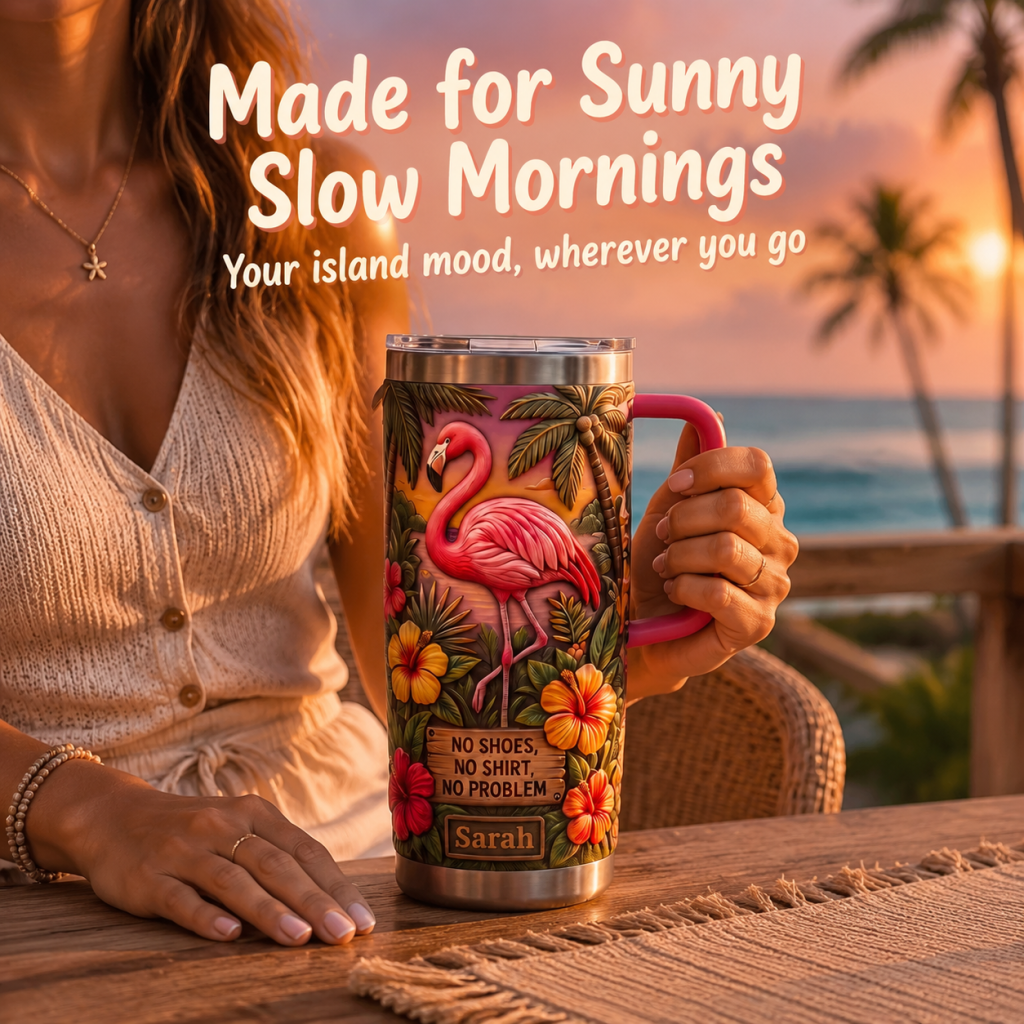 🔥Last Day 50% OFF🌺Island Life Flamingo Tropical Tumbler | 30/40oz Stainless Steel Mug・Vacation Insulated Cup With Handle
