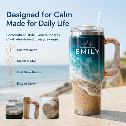 Your Daily Sip of Sunshine & Sea Salt 🌊 | Personalized Coastal Oasis Tumbler with Rose Gold Handle (30oz/40 oz)