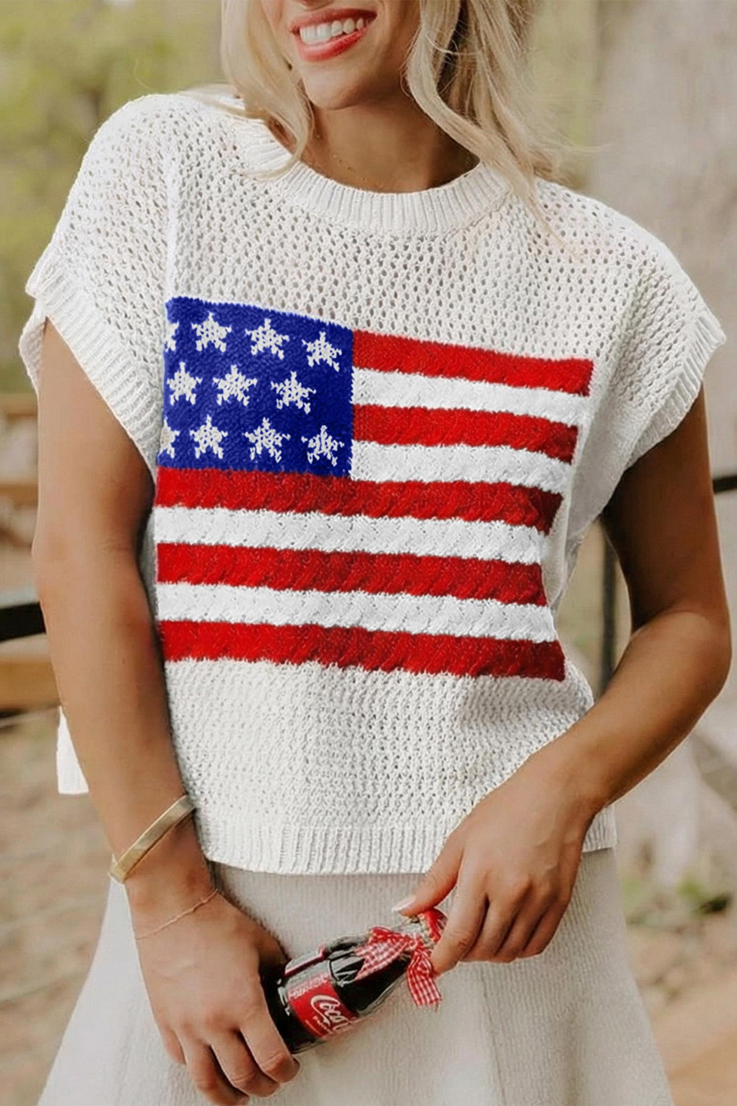 Women's American Flag Graphic Relaxed Fit Short Sleeve Knit Sweater Top