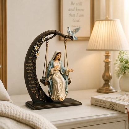 🔥LAST DAY 50% OFF - 🙏Blessed Mary Cradle Swing Sculpture – Luke 1:46 Faith Table Decor | Holy Virgin Prayer Rocking Decor with Dove & Crescent Arch🕊️