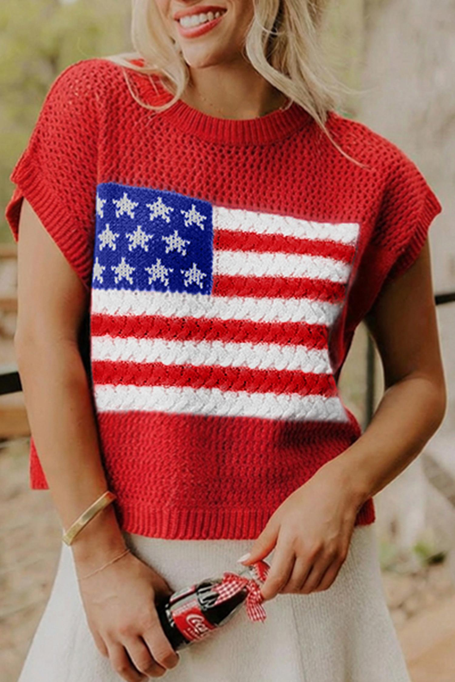 Women's American Flag Graphic Relaxed Fit Short Sleeve Knit Sweater Top
