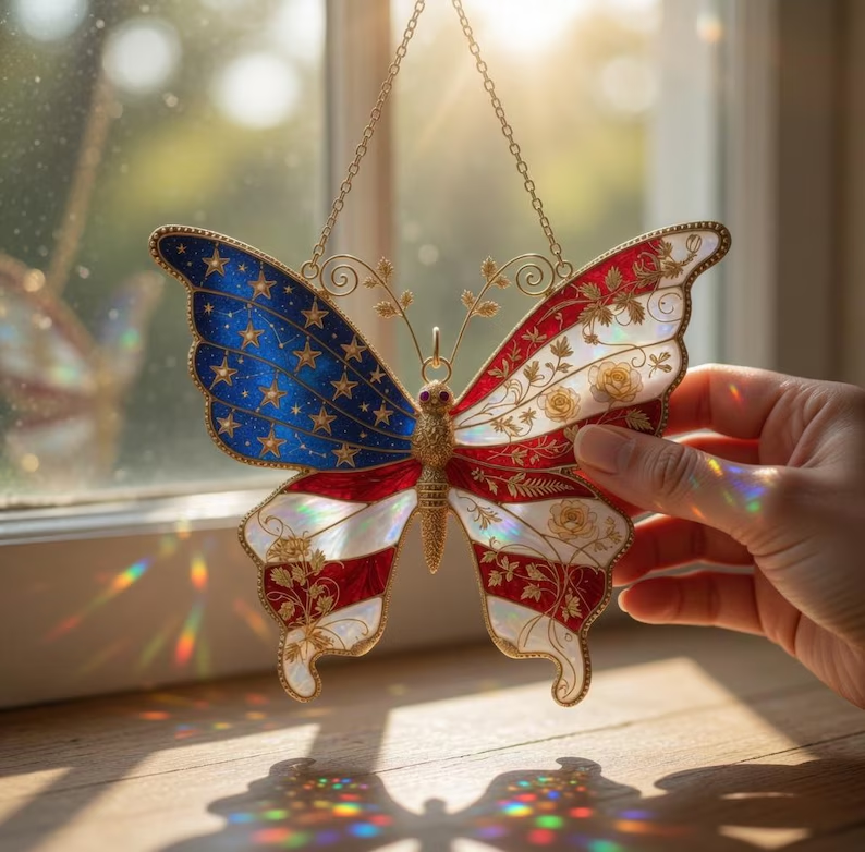 Patriotic Butterfly Suncatcher, American Flag Window Hanging
