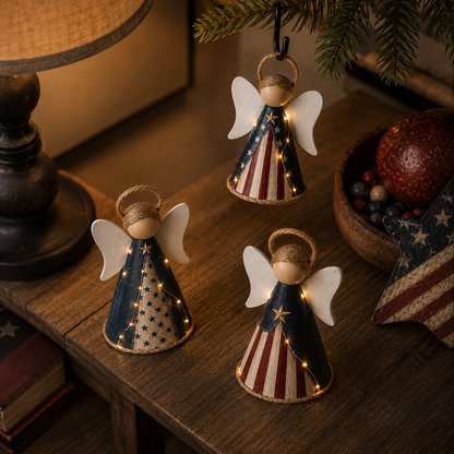 😇Rustic Red, White & Blue Angel Ornament with Warm LED Lights -3Pcs
