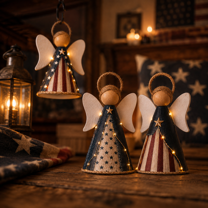 😇Rustic Red, White & Blue Angel Ornament with Warm LED Lights -3Pcs